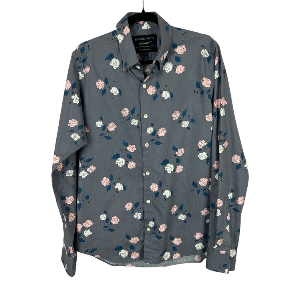 18 Waits Men’s Floral Long Sleeve Gray Shirt 100% Cotton Size Medium